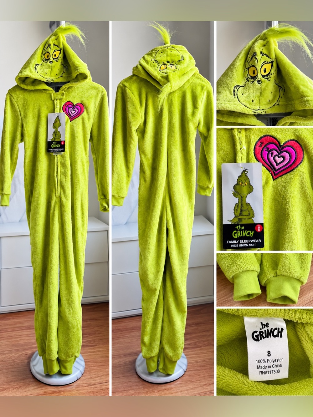 👻 🎃Kids The Grinch Halloween Costume Hooded Jumpsuit Size 8 NWT - Picture 2 of 7